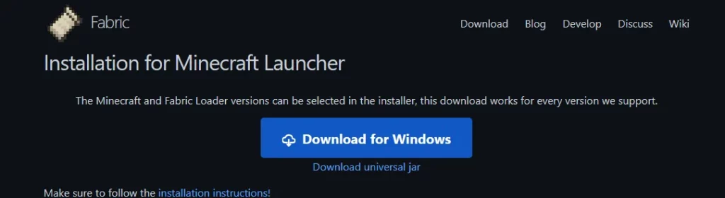 How to Play Minecraft Java Edition in VR: Fabric Installer Download Page Screenshot