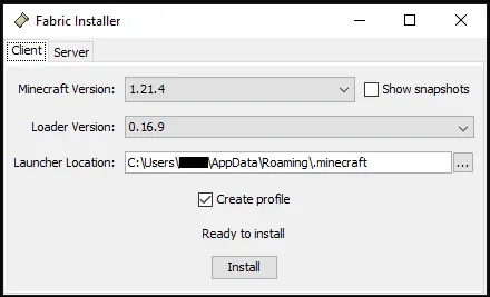 How to Play Minecraft Java Edition in VR: Fabric Installer Screenshot