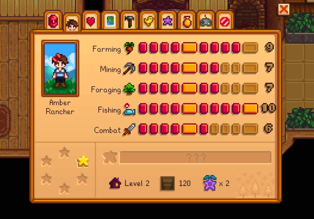 Stardew Valley Skills Menu Screenshot